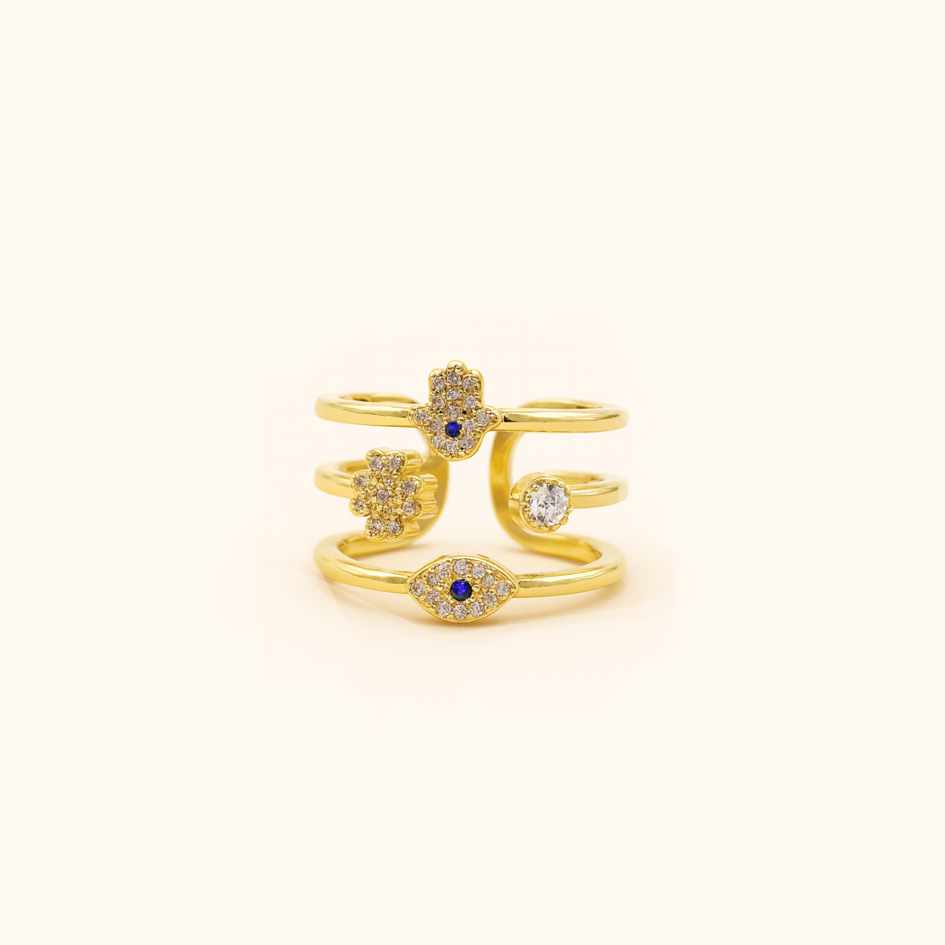 ROMALI 18K Gold-Plated Evil Eye & Hamsa Multi-Adjustable Band Ring – Protection & Good Energy