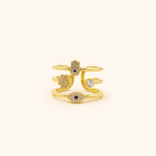 ROMALI 18K Gold-Plated Evil Eye & Hamsa Multi-Adjustable Band Ring – Protection & Good Energy