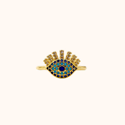 ROMALI 18K Gold-Plated  Pavé Design Blue Evil Eye Ring Adjustable