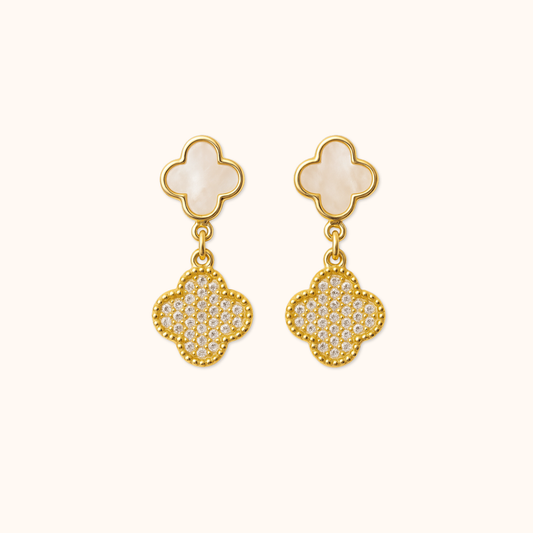 ROMALI 18K Gold-Plated Clover Drop Earrings – Mother of Pearl & CZ Shine