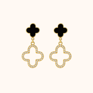 ROMALI 18K Gold-Plated Clover Drop Earrings – Black Enamel & Crystal