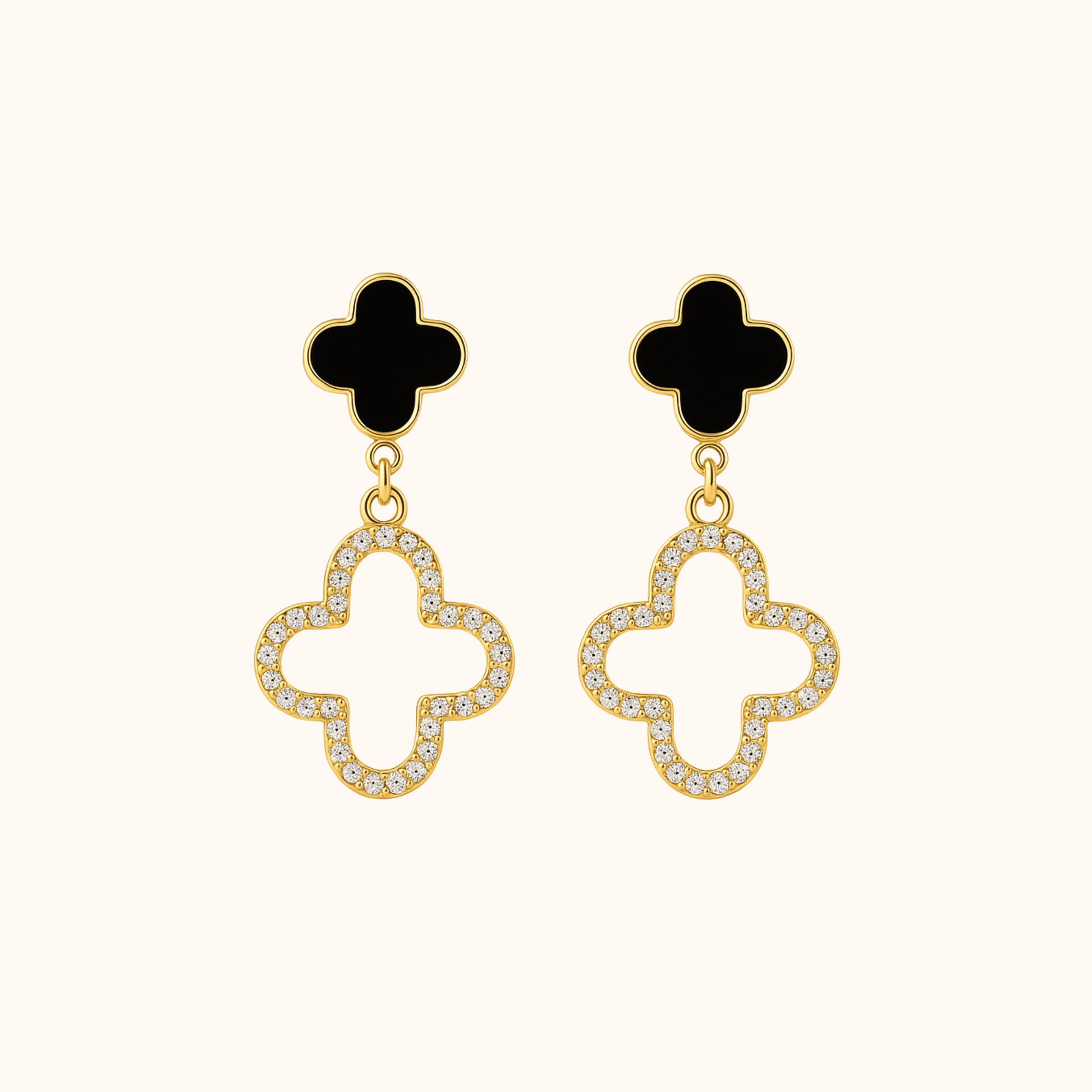 ROMALI 18K Gold-Plated Clover Drop Earrings – Black Enamel & Crystal