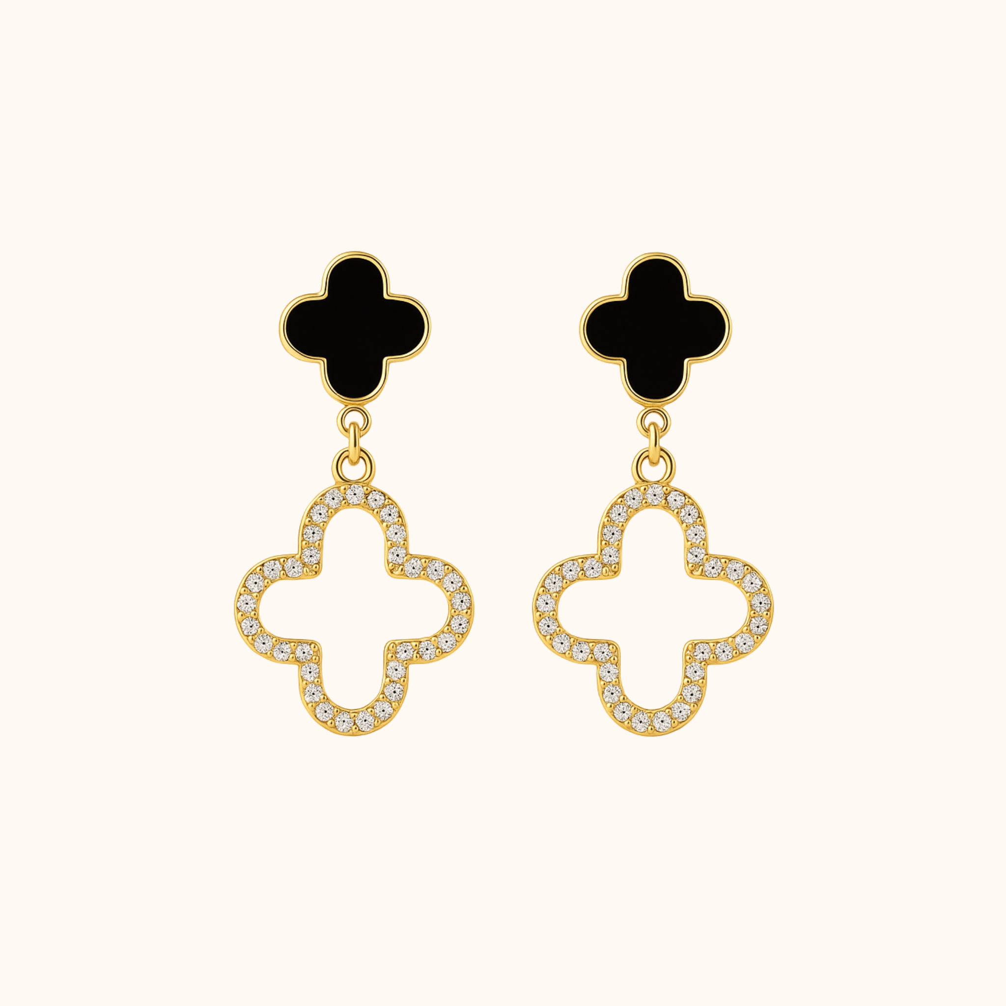 ROMALI 18K Gold-Plated Clover Drop Earrings – Black Enamel & Crystal