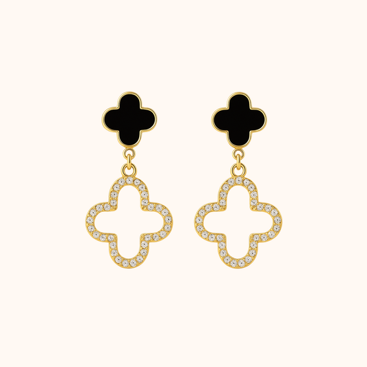 ROMALI 18K Gold-Plated Clover Drop Earrings – Black Enamel & Crystal