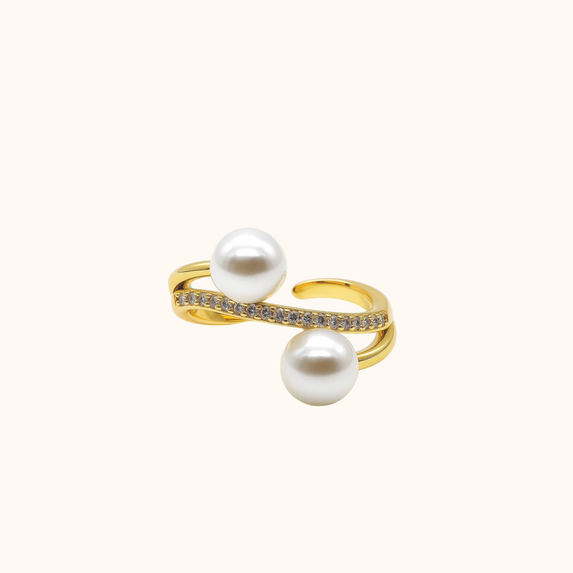 ROMALI Dual Pearl Pavé Ring – 18K Gold-Plated Adjustable
