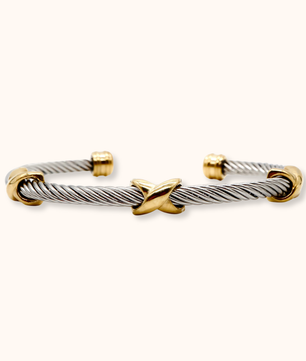 ROMALI Two-Tone X-Knot Cable Cuff Bracelet – Modern Stainless Steel & Gold Accent