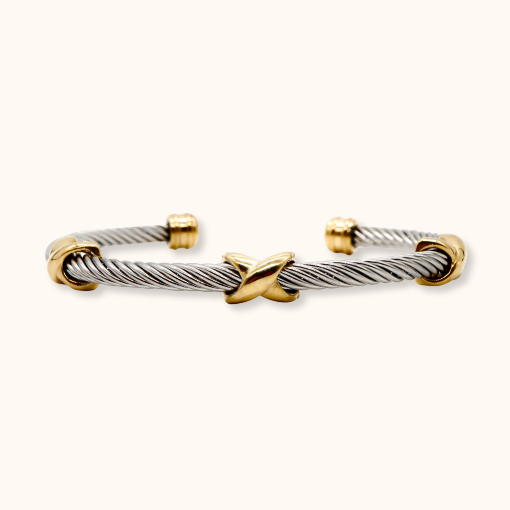 ROMALI Two-Tone X-Knot Cable Cuff Bracelet – Modern Stainless Steel & Gold Accent