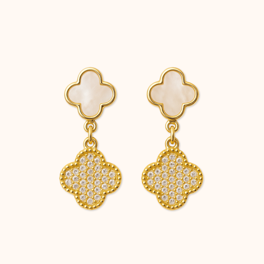 ROMALI 18K Gold-Plated Clover Drop Earrings – Mother of Pearl & CZ Shine