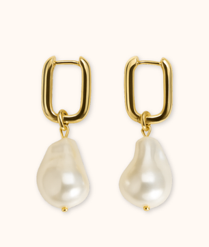 ROMALI 18k Gold-Plated Drop Shell Pearl Rectangle Hoop Dangle Earrings