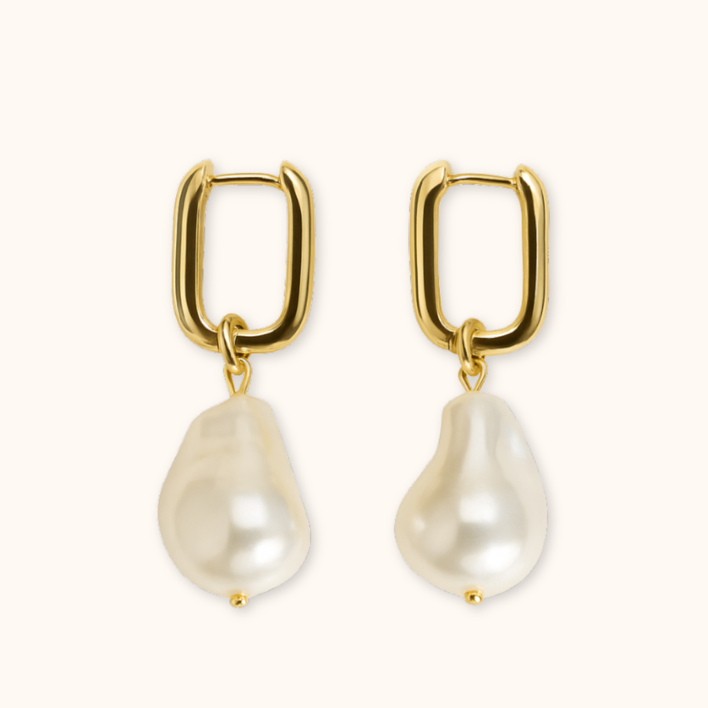 ROMALI 18k Gold-Plated Drop Shell Pearl Rectangle Hoop Dangle Earrings