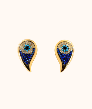 ROMALI 18K Gold-Plated Teardrop Peacock Eye Stud Earrings – Blue Crystal Protection