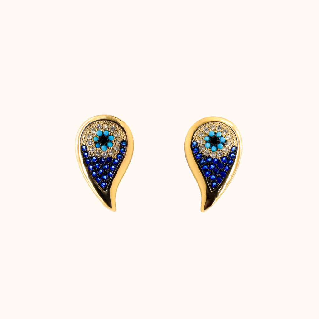 ROMALI 18K Gold-Plated Teardrop Peacock Eye Stud Earrings – Blue Crystal Protection