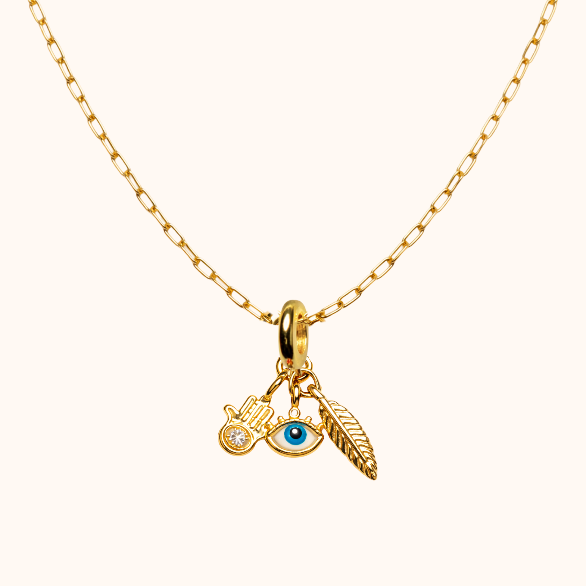 ROMALI Hamsa Evil Eye & Feather Charm Necklace | 18K Gold-Plated