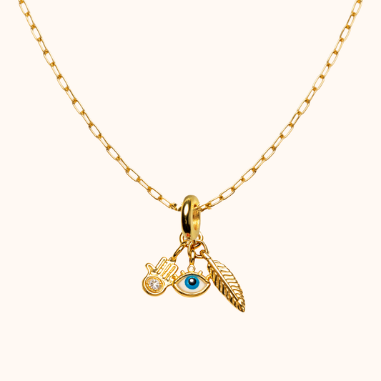 ROMALI Hamsa Evil Eye & Feather Charm Necklace | 18K Gold-Plated