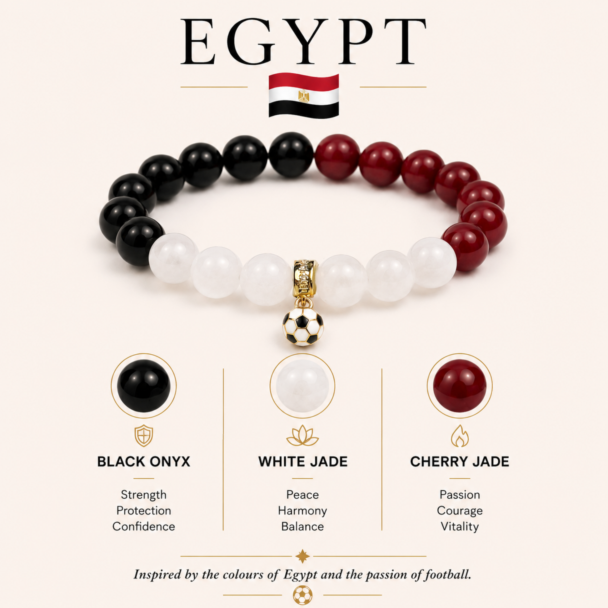 ROMALI Egypt Soccer Beaded Bracelet | Black Onyx, White Jade & Cherry Jade Unisex