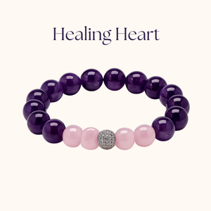 ROMALI Healing Heart Beaded Bracelet | Rose Quartz & Amethyst Gemstone Bracelet Silver CZ Sphere