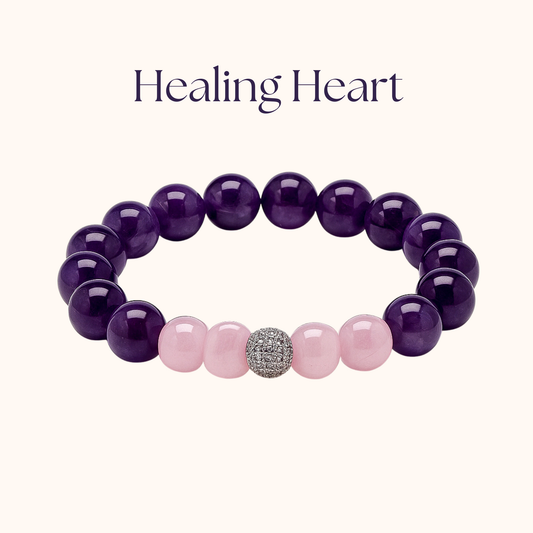 ROMALI Healing Heart Beaded Bracelet | Rose Quartz & Amethyst Gemstone Bracelet Silver CZ Sphere