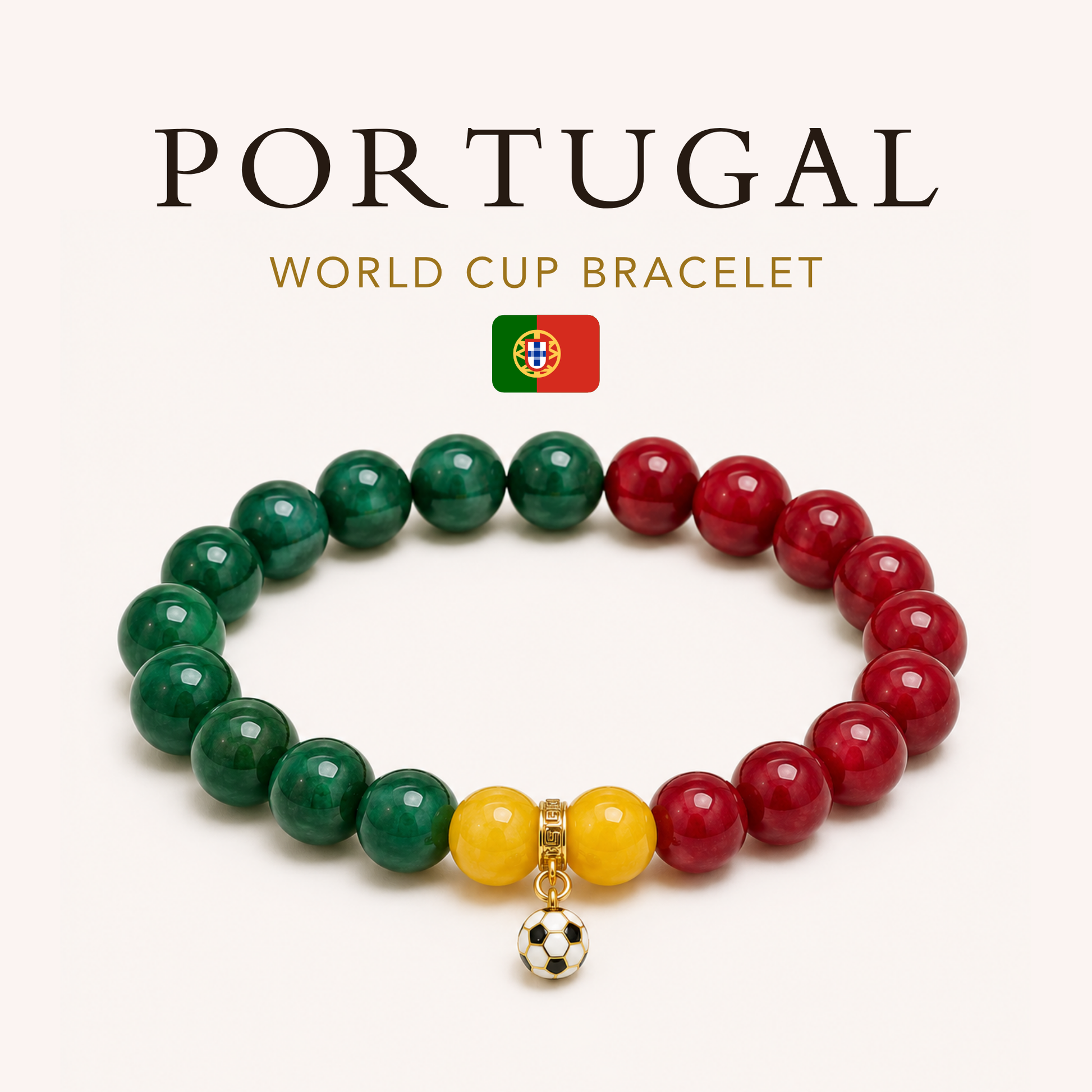 ROMALI Portugal Soccer Beaded Bracelet | Green Jade, Cherry Jade & Yellow Jade Unisex