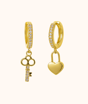 ROMALI 18K Gold-Plated Lock & Key Hoop Earrings – CZ Charm Dangle Hoops