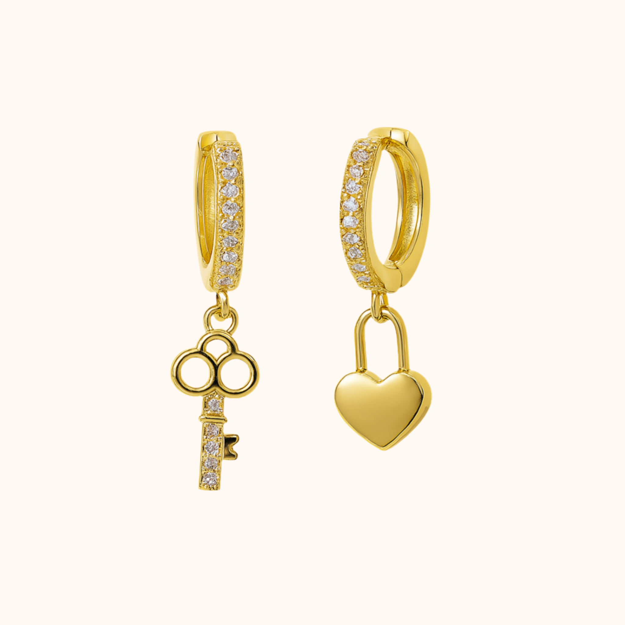 ROMALI 18K Gold-Plated Lock & Key Hoop Earrings – CZ Charm Dangle Hoops