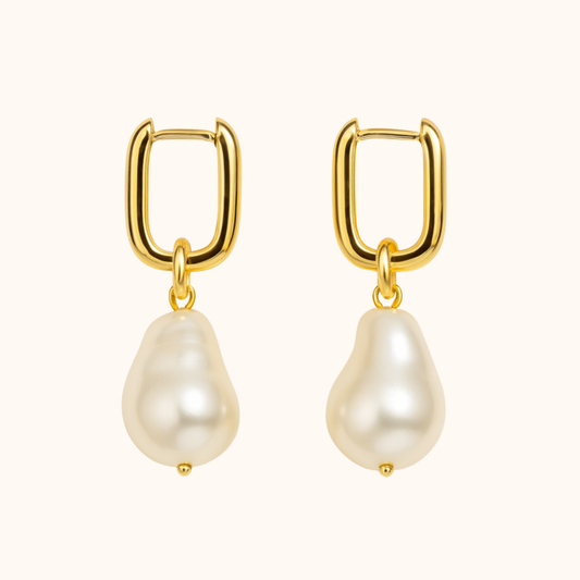 ROMALI 18k Gold-Plated Drop Shell Pearl Rectangle Hoop Dangle Earrings