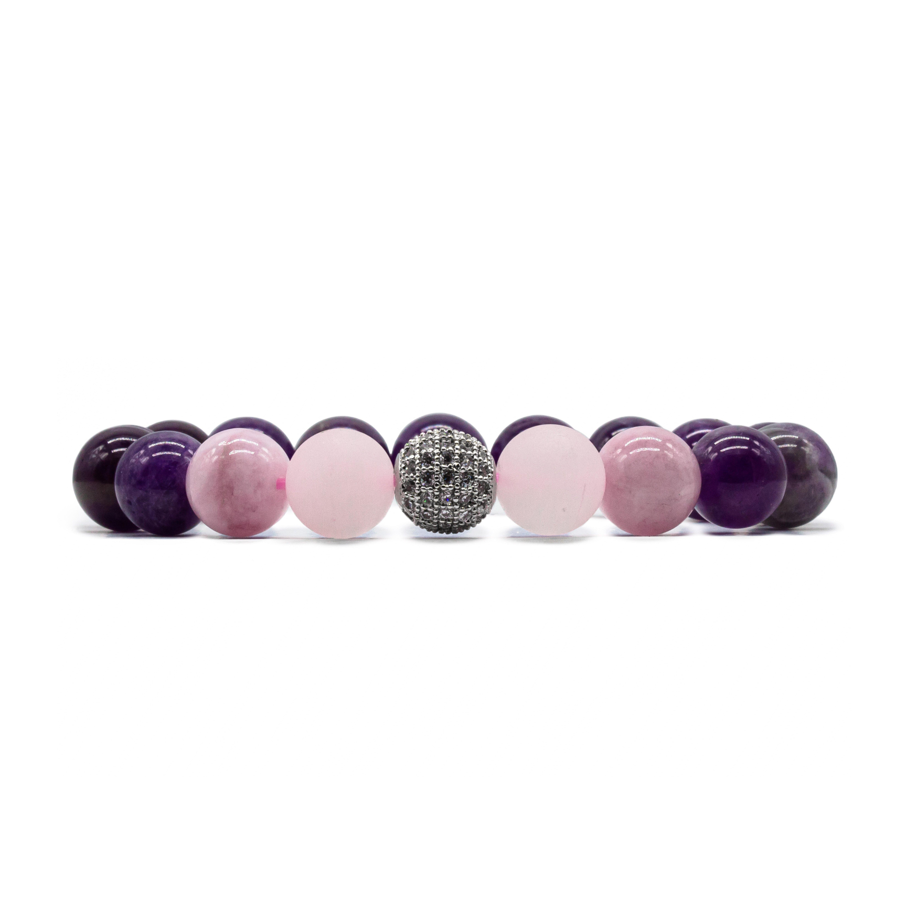 ROMALI Natural Amethyst & Rose Quartz Silver Plated Beaded Bracelet - 10mm - ROMALI