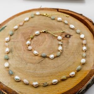 Natural Agate & Freshwater Pearl Necklace & Bracelet Set