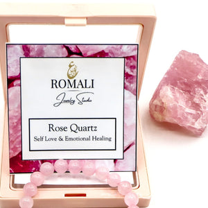 ROMALI Natural Rose Quartz Beaded Bracelet - Stone of Self Love 10mm - ROMALI