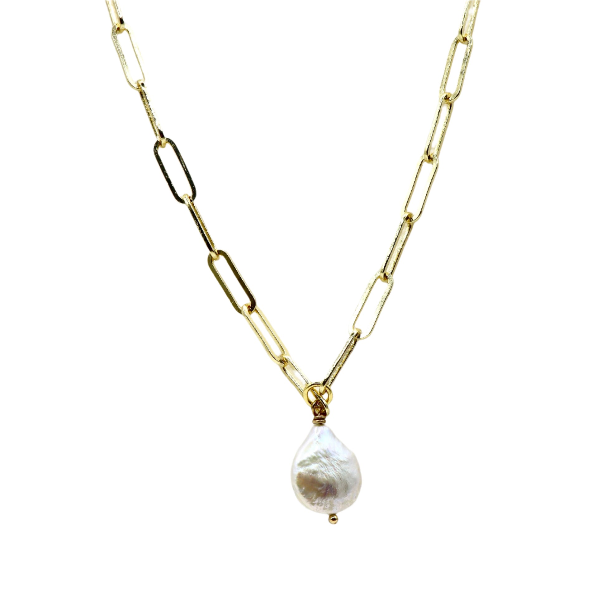 18k Gold-Plated Paperclip Necklace - Round Freshwater Pearl