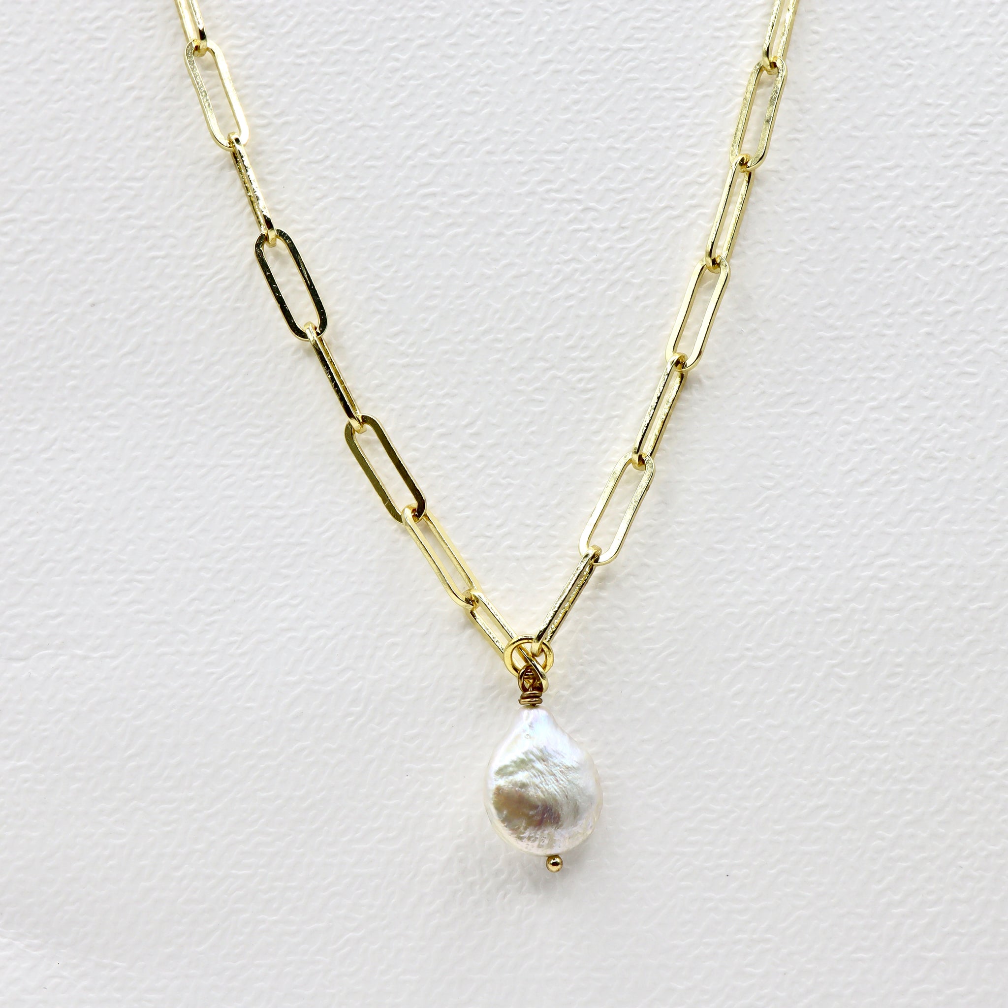 Paperclip Chain Necklace - Round Freshwater Pearl, 18k Gold-plated
