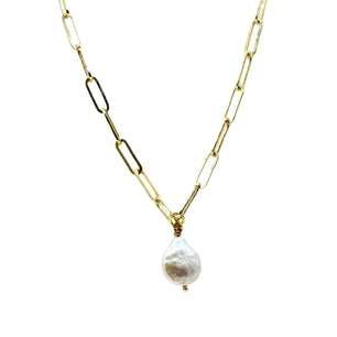 18k Gold-Plated Paperclip Necklace - Round Freshwater Pearl