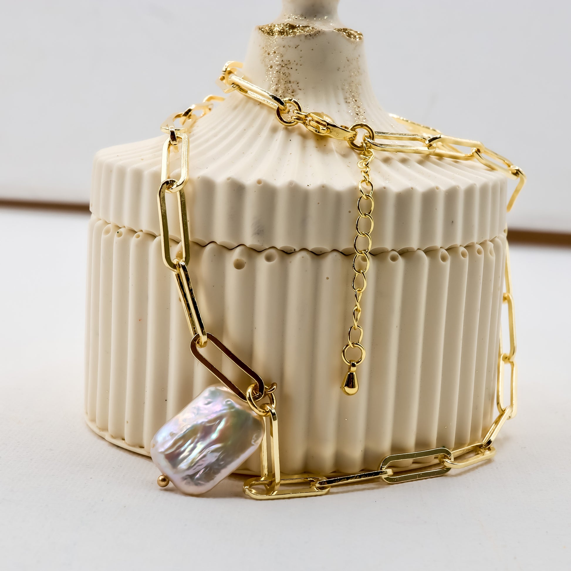 18k Gold-Plated Paperclip Chain Necklace - Freshwater Pearl