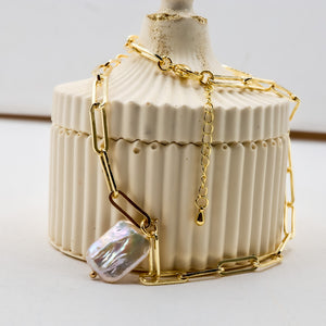 Paperclip Chain Necklace - Freshwater Pearl, 18k Gold-plated
