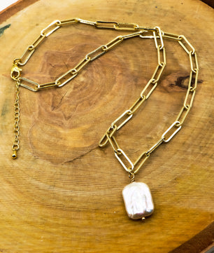 ROMALI 18k Gold-Plated Paperclip Freshwater Pearl Pendant Necklace - ROMALI