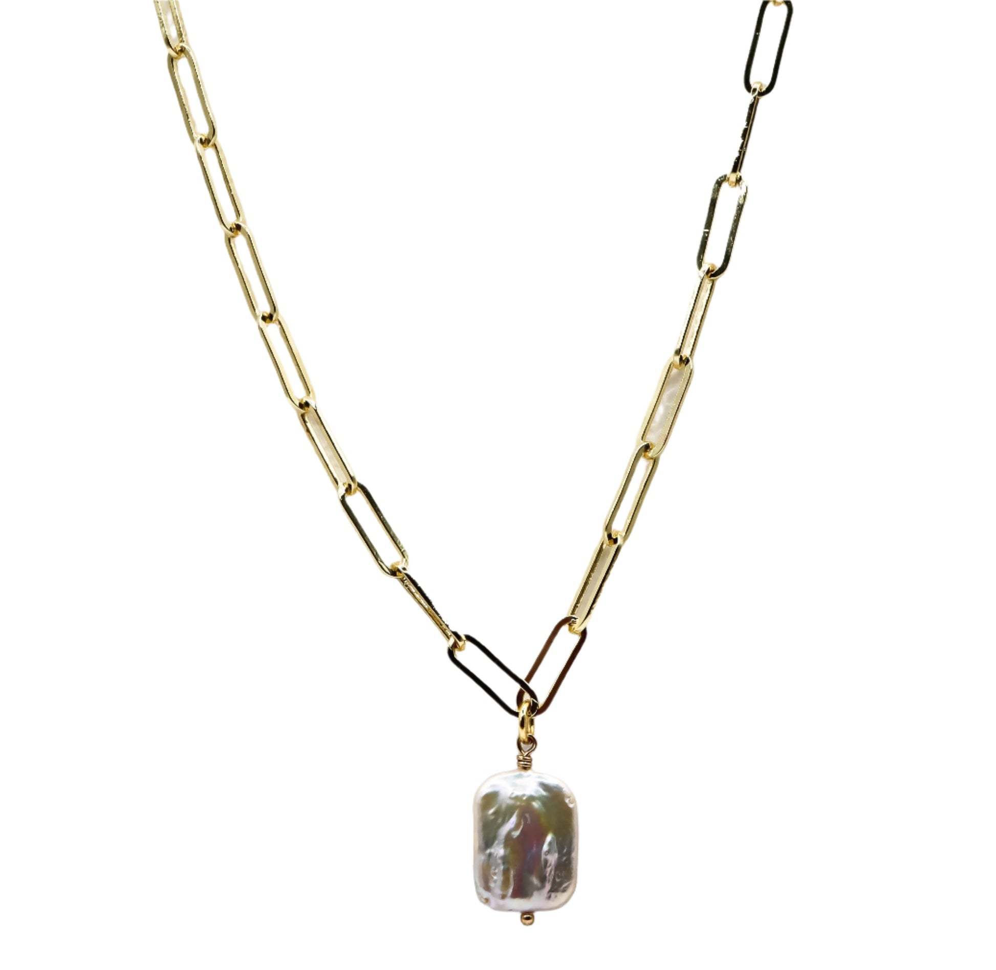 18k Gold-Plated Paperclip Chain Necklace - Freshwater Pearl