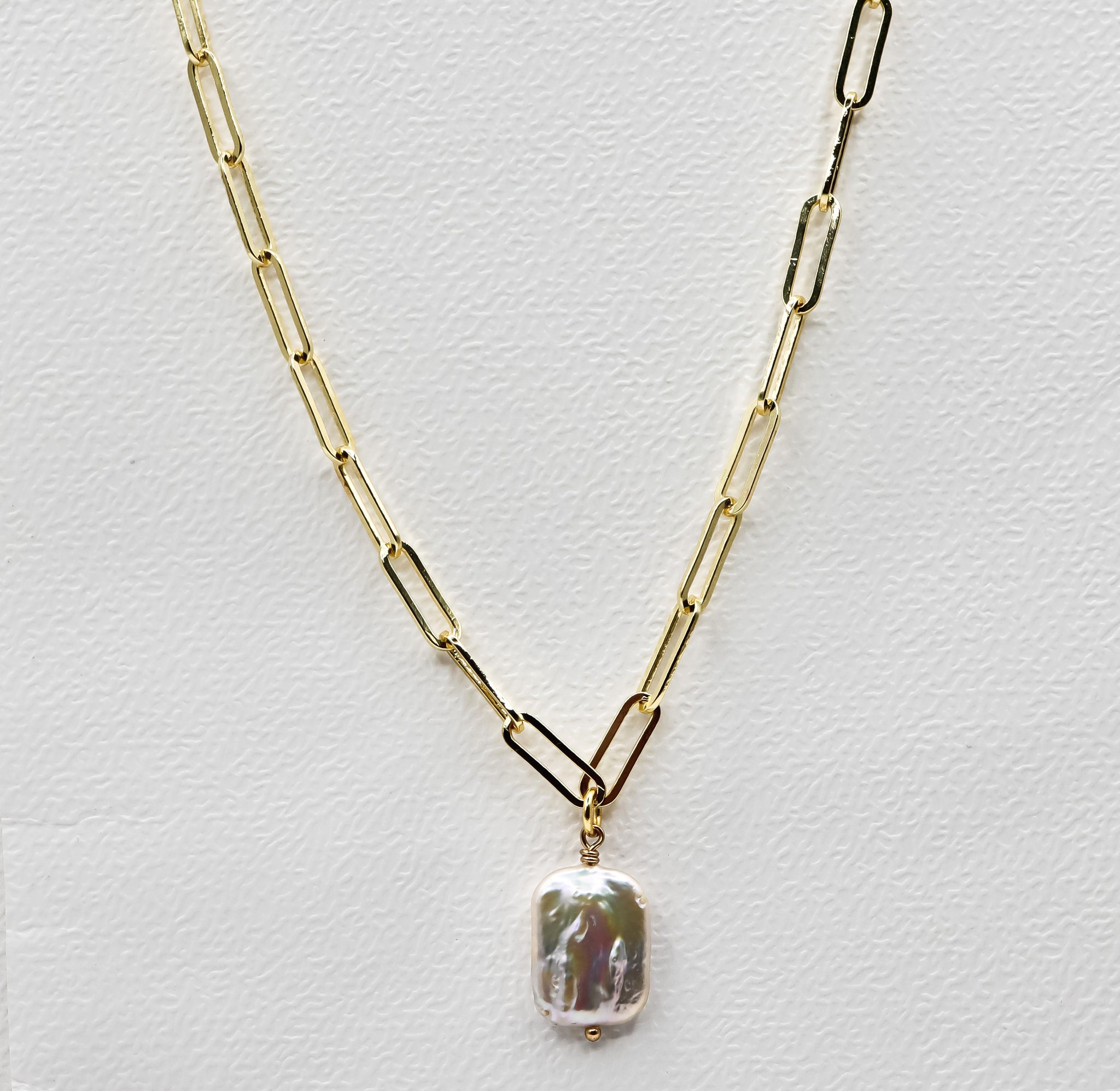 Paperclip Chain Necklace - Freshwater Pearl, 18k Gold-plated