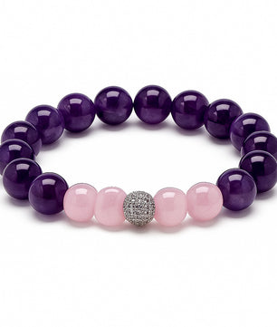 ROMALI Natural Amethyst & Rose Quartz Silver Plated Beaded Bracelet - 10mm - ROMALI