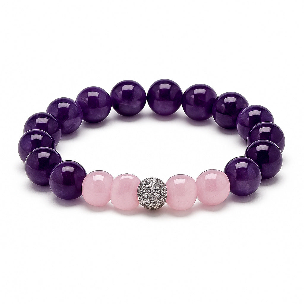 ROMALI Natural Amethyst & Rose Quartz Silver Plated Beaded Bracelet - 10mm - ROMALI