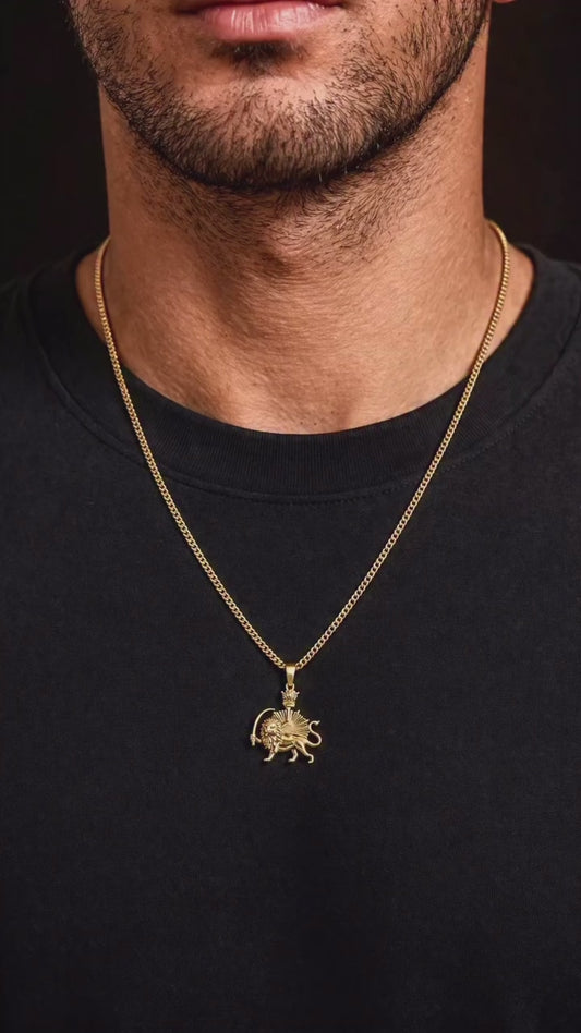 ROMALI Iran Pahlavi Lion & Sun Men's Necklace | 18K Gold-Plated