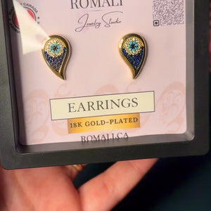 ROMALI 18K Gold-Plated Teardrop Peacock Eye Stud Earrings – Blue Crystal Protection