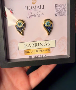 ROMALI 18K Gold-Plated Teardrop Peacock Eye Stud Earrings – Blue Crystal Protection