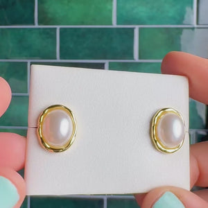 ROMALI 18K Gold-Plated Oval Shell Pearl Bezel Stud Earrings