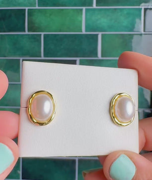 ROMALI 18K Gold-Plated Oval Shell Pearl Bezel Stud Earrings