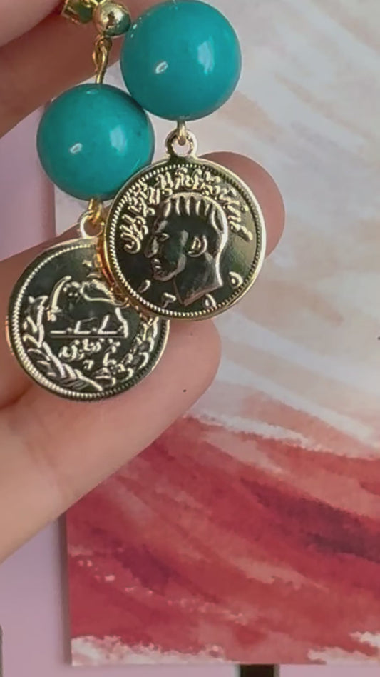 ROMALI Turquoise Pahlavi Coin Drop Earrings | 18K Gold-Plated