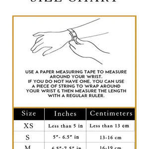 Size chart for bracelet fitting with measurement instructions and sizes listed in inches and centimeters.