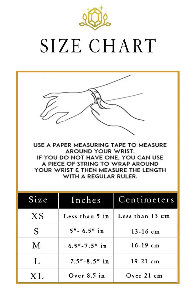 Size chart for bracelet fitting with measurement instructions and sizes listed in inches and centimeters.